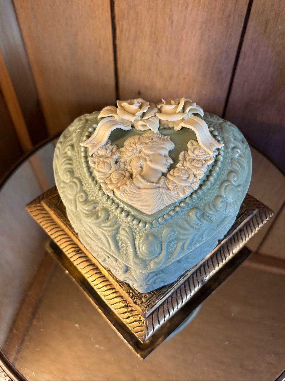 Heart-Shaped Decorative Trinket Box with Cameo Detail - Pale Aqua